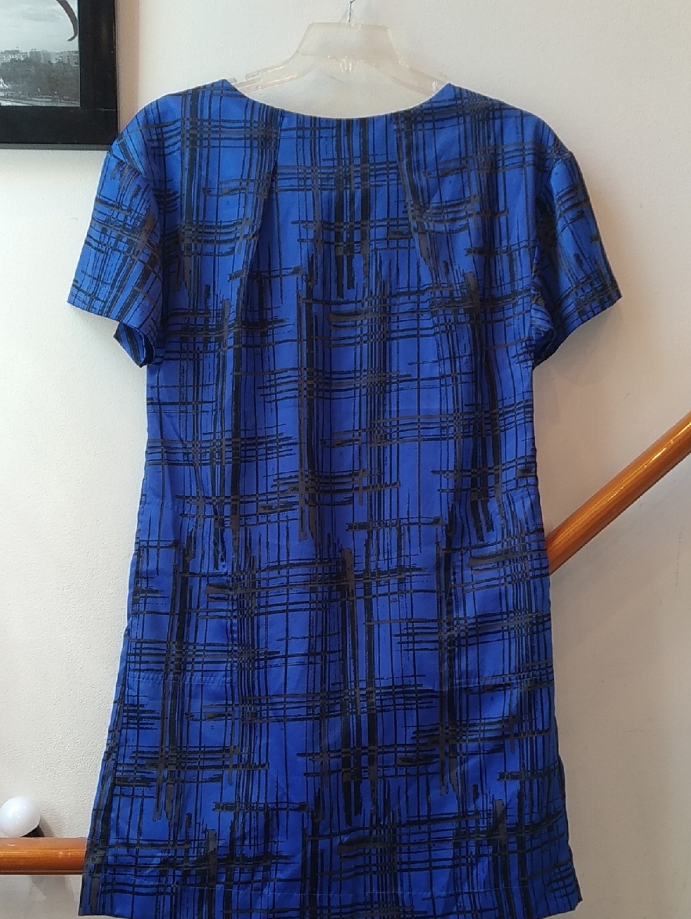 Blue Short Sleeve Shift Dress with Black Plaid Print